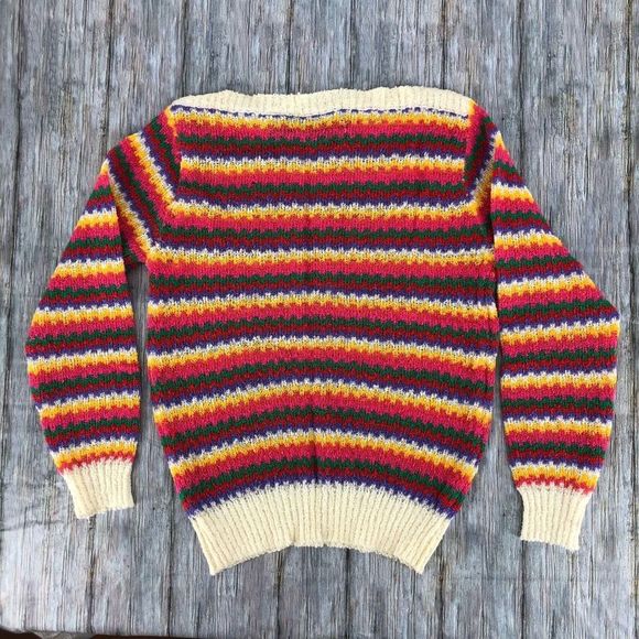 80’s Vintage Rainbow Stripe Knit Boatneck Long Sleeve Sweater size Small - Picture 4 of 8